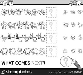 Black and White Cartoon Illustration of Completing the Pattern Educational Game for Preschool Children with Farm Animals