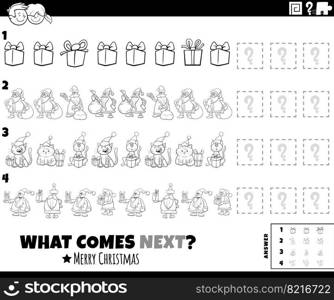 Black and white cartoon illustration of completing the pattern educational game for children with Christmas holiday characters coloring page