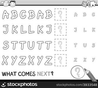 Black and White Cartoon Illustration of Completing the Pattern Educational Task for Preschool Children with Alphabet Letters