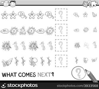Black and White Cartoon Illustration of Completing the Pattern Educational Task for Preschool Children with Sea Animal Characters