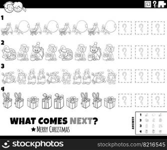 Black and white cartoon illustration of completing the pattern educational task for children with Christmas holiday characters coloring page