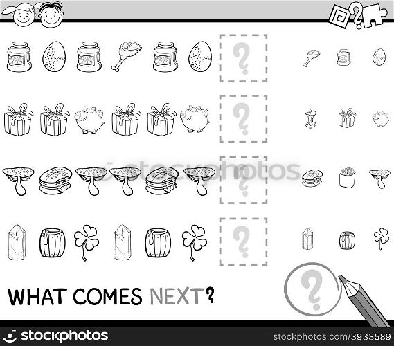 Black and White Cartoon Illustration of Completing the Pattern Educational Task for Preschool Children