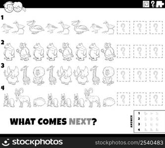 Black and white cartoon illustration of completing the pattern educational task with funny animal characters coloring book page