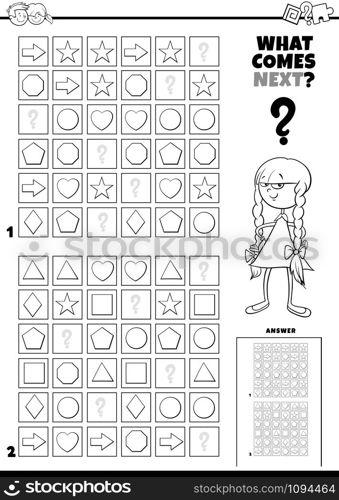 Black and White Cartoon Illustration of Completing the Pattern in the Rows Educational Game for Preschool and Elementary Age Children Coloring Book Page