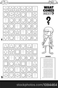 Black and White Cartoon Illustration of Completing the Pattern in the Rows Educational Game for Preschool and Elementary Age Children Coloring Book Page
