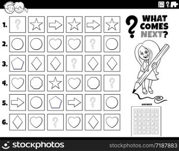 Black and White Cartoon Illustration of Completing the Pattern in the Rows Educational Task for Elementary Age or Preschool Children Coloring Book Page
