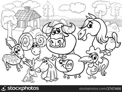 Black and White Cartoon Illustration of Country Rural Scene with Farm Animals Livestock Characters Group for Coloring Book