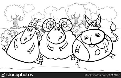 Black and White Cartoon Illustration of Country Rural Scene with Farm Animals Goat and Bull and Ram Characters Group for Coloring Book