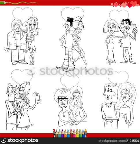 Black and white cartoon illustration of couples in love on Valentines Day comic set
