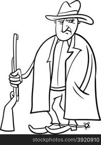Black and White Cartoon Illustration of Cowboy Character with Gun for Coloring Book