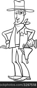 Black and White Cartoon Illustration of Cowboy Sheriff Character for Coloring Book