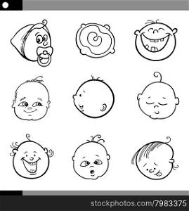 Black and White Cartoon Illustration of Cute Babies Faces Set