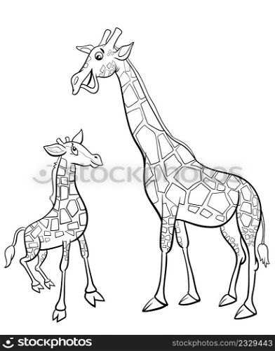 Black and white cartoon illustration of cute baby giraffe with mother comic animal characters coloring book page