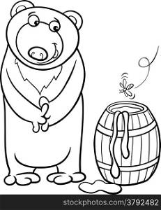 Black and White Cartoon illustration of Cute Bear with Barrel of Honey for Coloring Book