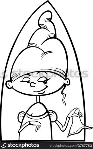 Black and White Cartoon Illustration of Cute Beautiful Princess at the Tower Window Fairytale Fantasy Character for Coloring Book