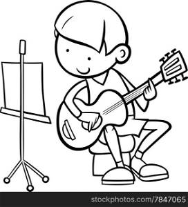 Black and White Cartoon Illustration of Cute Boy Playing on the Guitar for Coloring Book