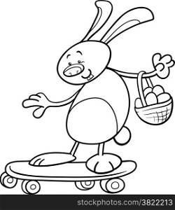 Black and White Cartoon Illustration of Cute Bunny with Easter Eggs on Skateboard for Coloring Book