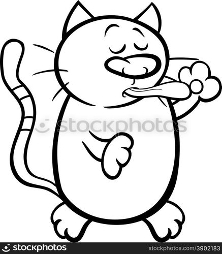 Black and White Cartoon Illustration of Cute Cat Cleaning Itself for Coloring Book