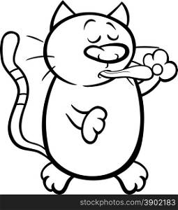 Black and White Cartoon Illustration of Cute Cat Cleaning Itself for Coloring Book