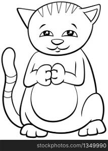 Black and White Cartoon Illustration of Cute Cat or Kitten Comic Animal Character Coloring Book Page