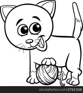 Black and White Cartoon Illustration of Cute Cat Playing with Ball of Wool for Coloring Book
