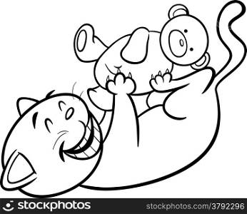 Black and White Cartoon Illustration of Cute Cat Playing with Teddy Bear for Coloring Book