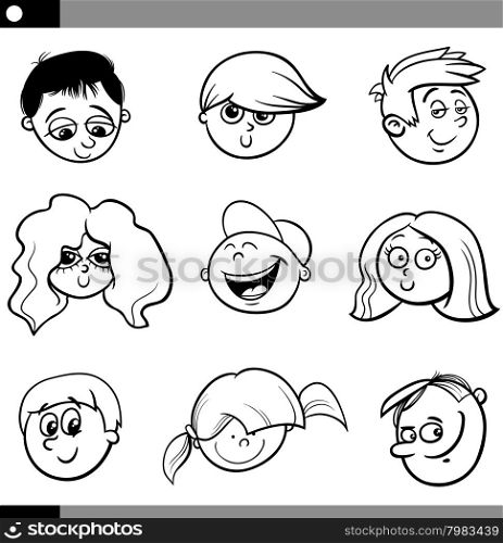 Black and White Cartoon Illustration of Cute Children Boys and Girls Faces Set