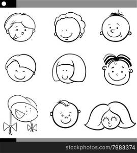 Black and White Cartoon Illustration of Cute Children Faces Set
