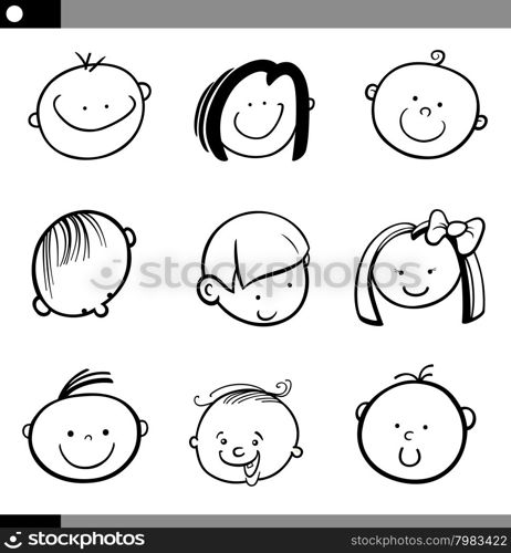 Black and White Cartoon Illustration of Cute Children or Babies Faces Set