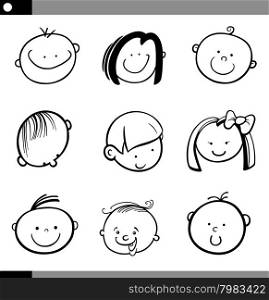 Black and White Cartoon Illustration of Cute Children or Babies Faces Set