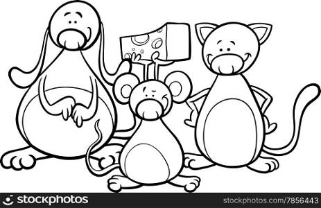 Black and White Cartoon Illustration of Cute Dog Cat and Mouse Pets Characters for Coloring Book