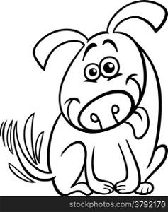 Black and White Cartoon Illustration of Cute Dog Wagging his Tail for Coloring Book
