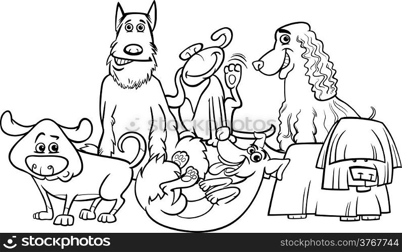 Black and White Cartoon Illustration of Cute Dogs Characters Group for Coloring Book