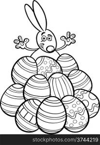 Black and White Cartoon Illustration of Cute Easter Bunny in Paschal Eggs Heap for Coloring Book