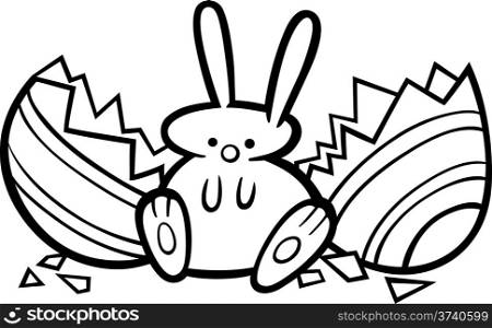 Black and White Cartoon Illustration of Cute Easter Bunny which Hatched from Paschal Egg for Coloring Book