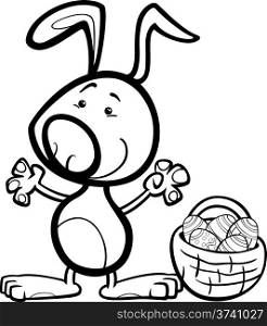 Black and White Cartoon Illustration of Cute Easter Bunny with Basket full of Paschal Eggs for Coloring Book