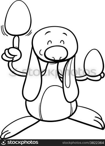 Black and White Cartoon Illustration of Cute Easter Bunny with Colored Eggs for Coloring Book