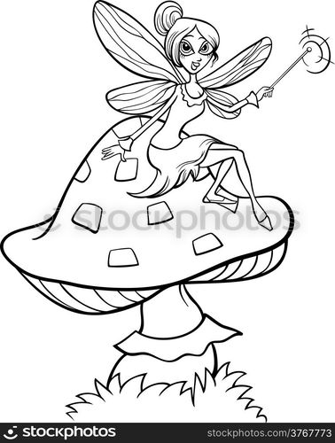 Black and White Cartoon Illustration of Cute Elf Fairy Fantasy Character on Toadstool Mushroom for Coloring Book