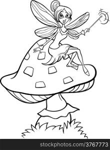 Black and White Cartoon Illustration of Cute Elf Fairy Fantasy Character on Toadstool Mushroom for Coloring Book