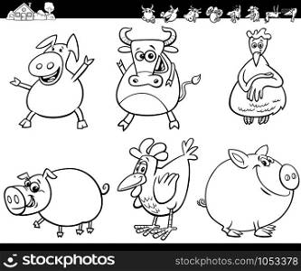 Black and White Cartoon Illustration of Cute Farm Animals Comic Characters Set Coloring Book