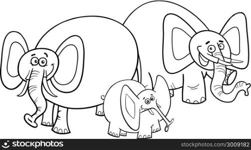 Black and White Cartoon Illustration of Cute Funny Elephants Animal Characters Group or Family Coloring Book