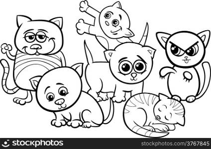 Black and White Cartoon Illustration of Cute Funny Kittens or Cats Group for Coloring Book