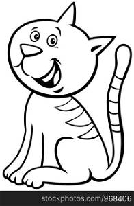 Black and White Cartoon Illustration of Cute Happy Kitten or Cat Animal Character Coloring Book Page