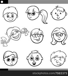 Black and White Cartoon Illustration of Cute Kids Faces Set