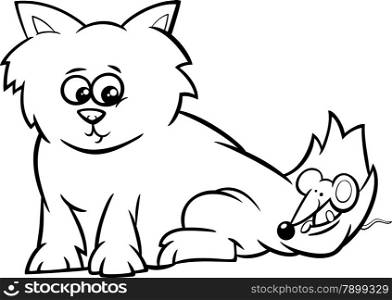 Black and White Cartoon Illustration of Cute Kitten with Little Mouse for Coloring Book