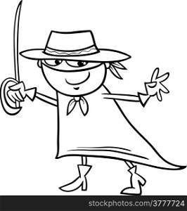 Black and White Cartoon Illustration of Cute Little Boy in Zorro or Fantasy Character Costume for Fancy Ball for Coloring Book