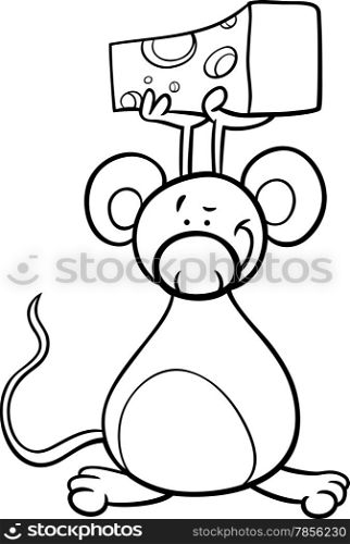 Black and White Cartoon Illustration of Cute Mouse with Cheese for Coloring Book