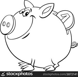 Black and White Cartoon Illustration of Cute Piggy Bank with Gold Coin for Coloring Book