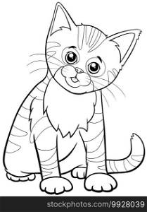 Black and white cartoon illustration of cute tabby kitten comic animal character coloring book page
