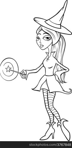 Black and White Cartoon Illustration of Cute Witch or Fairy Fantasy Character with Magic Wand for Coloring Book